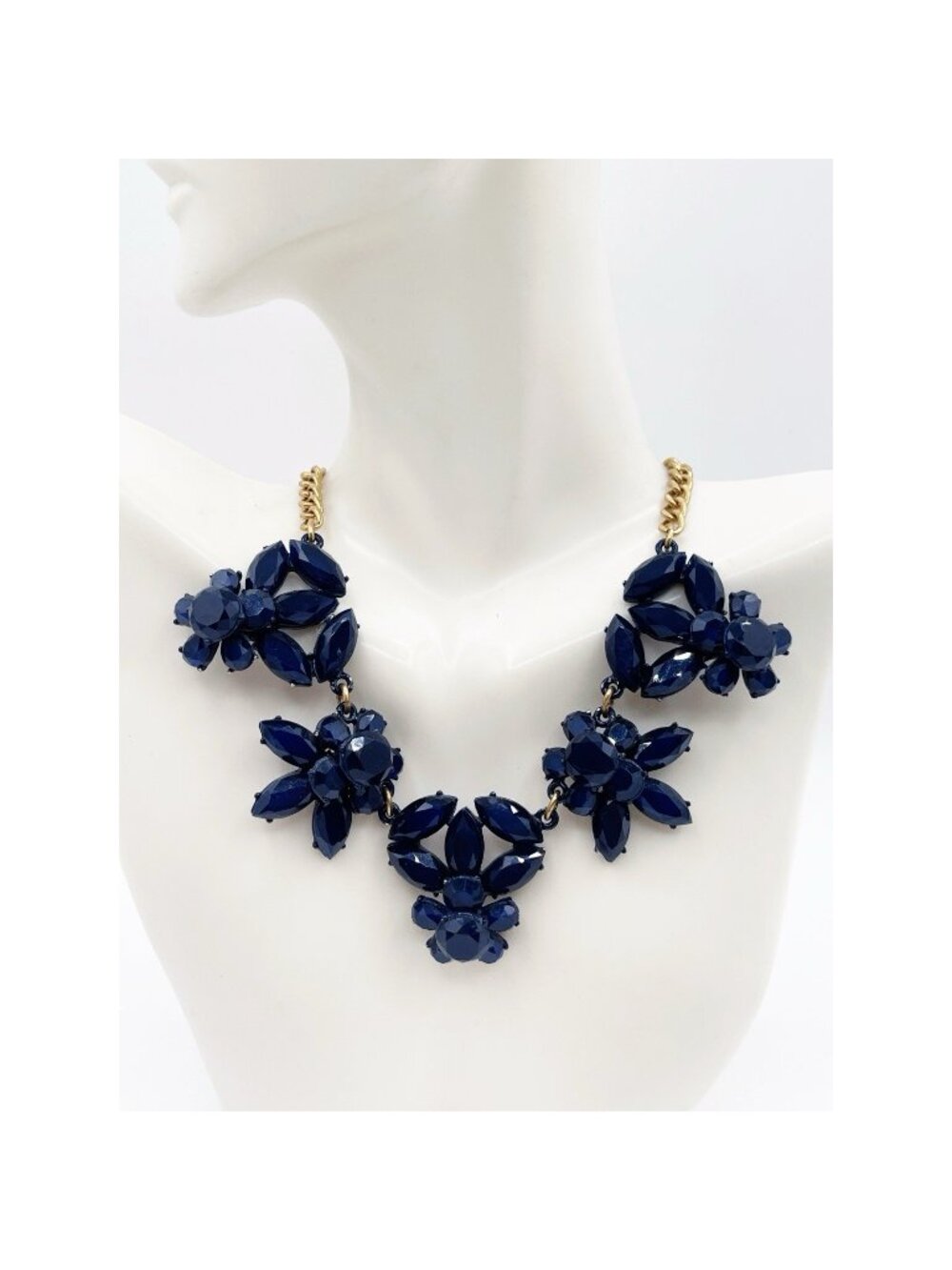 J.Crew Blue Crystal Flower Cluster Statement Necklace Gold Tone Bib Rhinestone